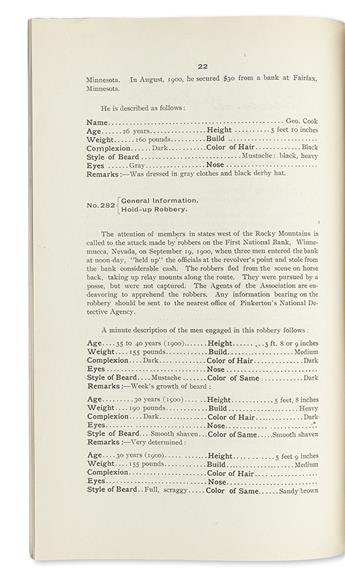 (CRIME.) Pinkertons National Detective Agency. Quarterly criminal bulletins, including two with Butch Cassidy and the Sundance Kid.